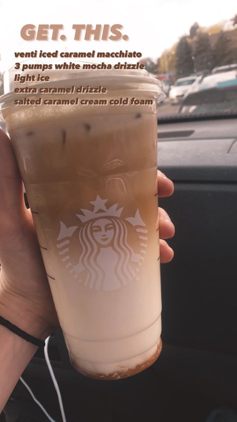 Salted Caramel Starbucks, Salted Caramels, Cold Starbucks Drinks, Ice Caramel Macchiato, Caramel Creams, Starbucks Drink, White Mocha, Caramel Macchiato, Starbucks Recipes