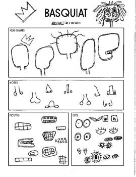 Use this drawing resource worksheet to guide your students through Basquiat inspired portraits! Roll A Basquiat, Art Sub Plans Elementary, Grade 1 Art Ideas, Elementary Art Sub Plans, Art Substitute Plans, 7th Grade Art Projects, Pre K Art Projects, 6th Grade Art Lessons, Art Projects For Kindergarten