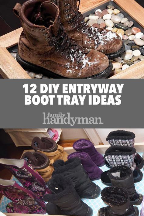 12 DIY Entryway Boot Tray Ideas Muddy Boots Storage Entryway, Boot Tray Ideas, Boot Tray Entryway, Shoe Tray Entryway, Boot Storage Entryway, Diy Boot Tray, Shoe Tray, Boot Dryer, Mud Room Entry