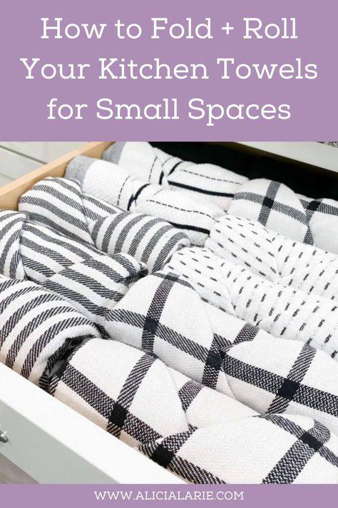 How to fold and roll your kitchen and hand towels to organize your home and kitchen! Sort your towels in small spaces to boost your home productivity and space. #homeorganization #kitchendeclutter #kitchenorganization Hand Towel Folding, Towel Folding Ideas, Kitchen Towels Storage, Fold Hand Towels, Kitchen Organizing Ideas, Fancy Towels, Linen Closets, Folding Towels, How To Roll