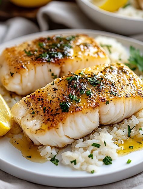 Golden Seared Cod with Herb Butter Sauce - Taste Of Recipe Herb Butter Sauce, French Onion Meatloaf, Seared Cod, Scalloped Potato Casserole, Crusted Cod, Baked Haddock, Baked Turkey Wings, Cooking With Fresh Herbs, Cod Fillets