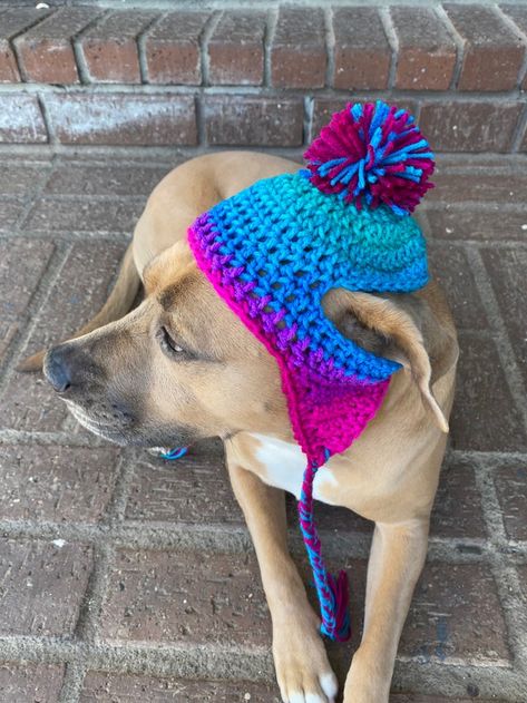 SerenelyStitchedShop - Etsy Change Appearance, Crochet Dog Hat, Hat With Braids, Multicolor Yarn, Pink And Burgundy, Earflap Hat, Bonnet Crochet, Dog Hat, Crochet Motifs