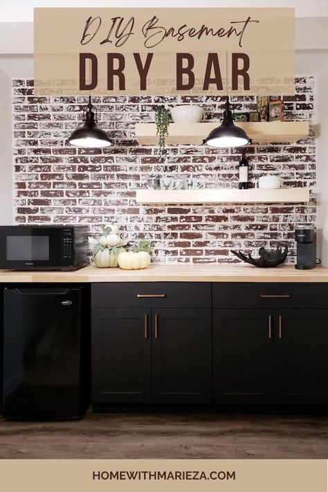 Basement Dry Bar, Basement Dry Bar Ideas, Diy Dry Bar, Black Lower Cabinets, Dry Bar Ideas, Building A Basement, Basement Decoration, Basement Kitchenette, Diy Garage Bar