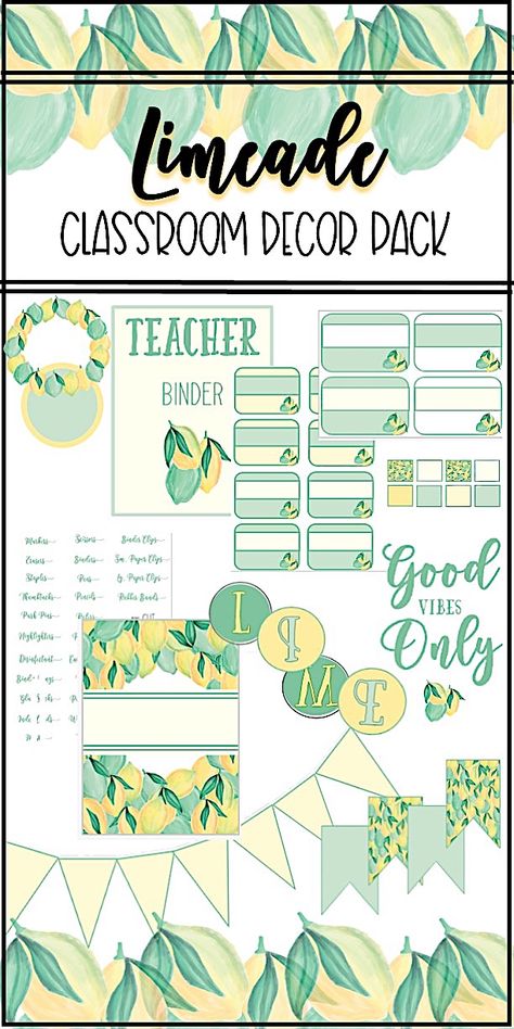 This year has been TOUGH! Start fresh next school year with a CLASSROOM MAKEOVER! So many MIX N MATCH options! #classroom #classroomdecor #classroomdecortheme #classroomorganization #classroombulletinboardideas #backtoschool #classroomtheme #newclassroom #classroommakeover #creativeclassroom #tpt #teacherspayteachers Green Theme Classroom Decoration, Yellow Theme Classroom Decor, Lemons Classroom Theme, Citrus Classroom Theme, Modern Tropical Classroom Theme, Substitute Teacher Binder, Classroom Theme Decor, Homeschool Room Design, Flexible Seating Classroom