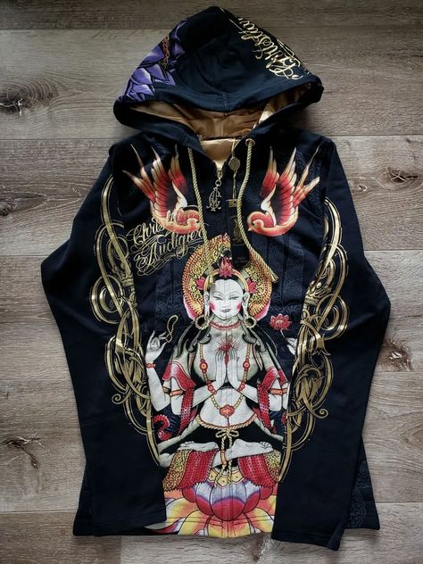 Christian Audigier & Ed Hardy Women Vintage Platinum Hoodie Budda Bird Lotus | eBay Fire Clothes, Vintage Ed Hardy, Concept Clothing, Christian Audigier, Swaggy Outfits, Alternative Outfits, Really Cute Outfits, Ed Hardy, Women Vintage