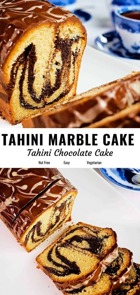 Tahini chocolate marble cake is a moist and scrumptious cake with a buttery tender crumb. It tastes fantastic, and the tahini ganache icing takes it up a notch. This marble cake without butter uses tahini and oil. Use flax eggs, nut milk and maple syrup to make it vegan, dairy-free and egg-free. #marblecake #tahinicake #healthycake Cake Without Butter, Cakes Without Butter, Tahini Chocolate, Chocolate Marble Cake, Flax Eggs, Ganache Icing, Vegan Chocolate Cake, Baked Dinner, Healthy Vegan Desserts