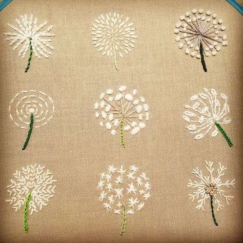 Felt Dandelion Flower, Dandelion Embroidery Design, How To Embroider Dandelion, Embroidered Dandelion Flowers, Dandelion Embroidery Tutorial, Embroider Dandelion, Dandelion Embroidery Pattern, Embroderie Patterns Free, Dandelion Stitch