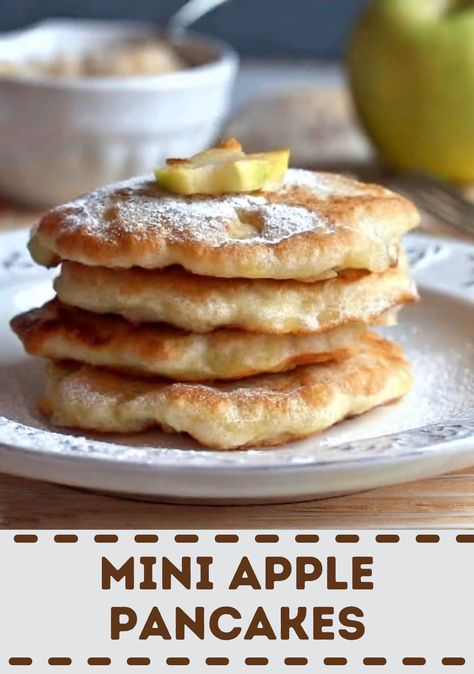 Mini Apple Pancakes Apple Pancake Recipe, Apple Pancakes, Pancakes Ingredients, Foodie Friends, Mini Apple, Pancake Batter, Family Cooking, Apple Slices, Powdered Sugar