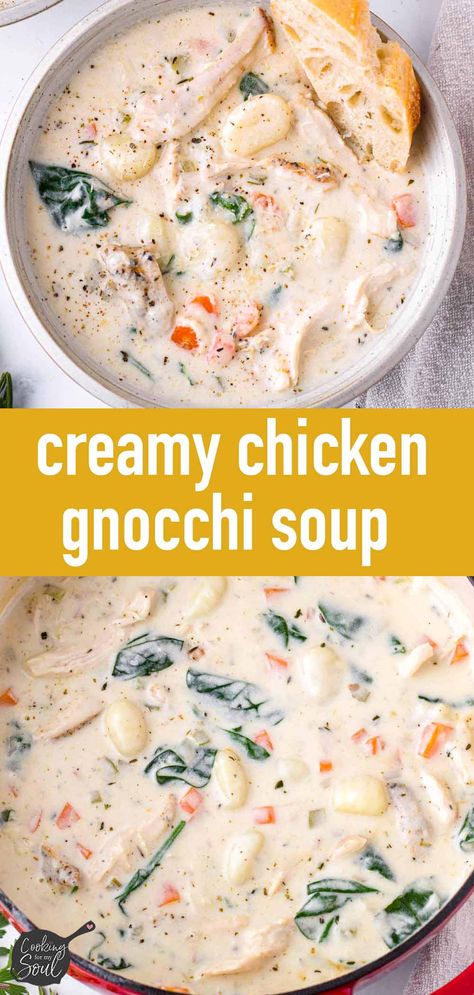 Chicken Gnocchi Soup! This creamy chicken gnocchi soup is pure comfort! Made with seasoned chicken, tender, potato gnocchi, veggies, and cream. So good! Creamy Chicken Gnocchi Soup, Creamy Chicken Gnocchi, Chicken And Gnocchi Soup, Chicken And Gnocchi, Chicken Gnocchi Soup Recipe, Gnocchi Recipes Soup, Chicken Gnocchi Soup Olive Garden, Olive Garden Copycat, Dinners Recipes