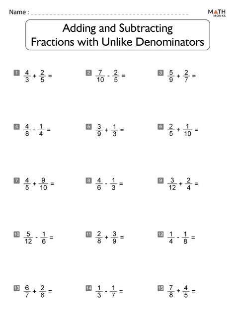 Subtracting Fractions Unlike Denominator, Adding Fractions With Unlike Denominator, Fractions With Unlike Denominators, Subtract Fractions, Addition Of Fractions, Math Fact Worksheets, Add And Subtract Fractions, Adding Fractions, Adding And Subtracting Fractions