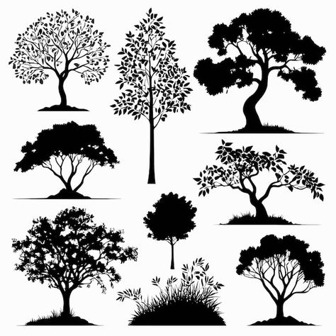 Tree silhouettes drawing collection hand... | Premium Vector #Freepik #vector #tree #black #flat #plants Tree Drawing Silhouette, Tree Silhouette Drawing, Silhouettes Drawing, Drawing Collection, Silhouette Drawing, Vector Trees, Tattoo Women, Hand Drawn Vector Illustrations, Back Tattoo Women