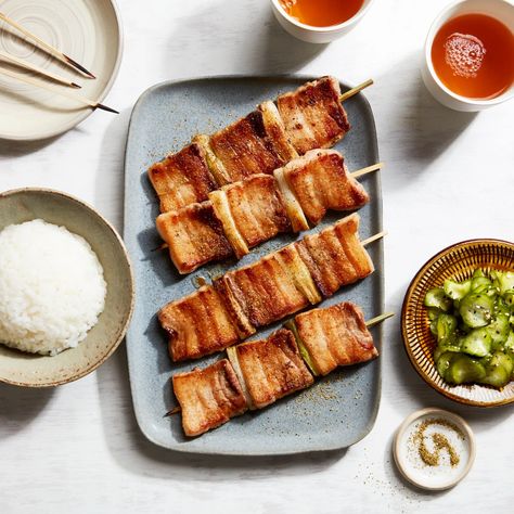 Ton Negima (Grilled Pork Belly and Scallion Skewers) Recipe | Epicurious Grilled Pork Belly, Yakitori Recipe, Grilled Sardines, Grilled Chicken Tenders, Grilled Desserts, Vegetable Skewers, Pizza Express, Marinated Salmon, Bacon On The Grill