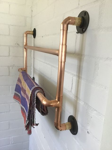 Copper Fittings Bathroom, Cooper Bathroom, Copper Pipe Art, Tiny Homestead, Industrial Accessories, Double Towel Rail, Copper Diy, Copper Pipe, Brass Fittings