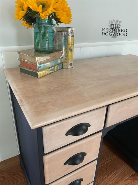 Old Wood Desk Makeover, 2 Tone Desk, Two Tone Desk Makeover, Redo Desk Ideas Diy Painted Furniture, Desk Refinishing Ideas Wood, Wooden Desk Refurbished, Before And After Desk Makeover, Old Desk Makeover Diy Paint, Desk Before And After