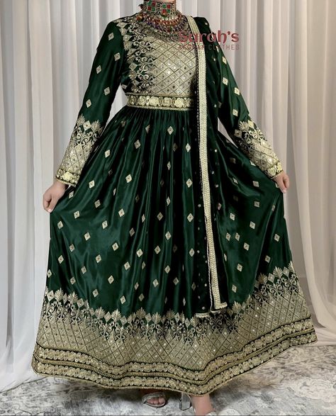 Green Afghan Dress Weddings, Green Afghan Dress, Green High Low Dress, Three Piece Dress, Dark Green Prom Dresses, Dress Designs For Girls, Wedding Fits, Afghani Dresses, Afghani Dress