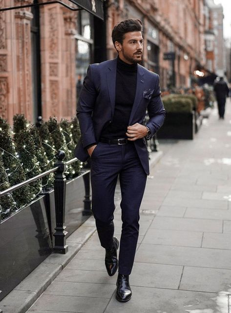 cocktail attire: navy blue suit with a black chelsea boots Suit Without Tie, Western Wedding Outfits, Engineer Style, Formals For Men, Tan Brown Shoes, Pose Men, Outfit Boda, Beard Fashion, Formal Attire For Men