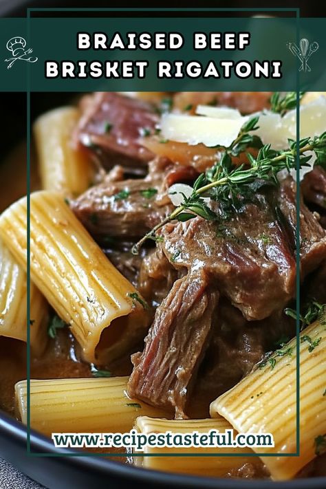 Indulge in a comforting bowl of Slow Cooked Braised Beef Brisket Rigatoni with Tarragon. This hearty pasta dish features tender, slow-cooked beef brisket enveloped in a creamy sauce, infused with white wine and aromatic herbs, making it perfect for family dinners. Brisket Pasta, Braised Beef Brisket, Slow Cooked Beef Brisket, Braised Brisket, Beef Pasta, Fried Beef, Parmesan Pasta, Slow Cooked Beef, Shredded Beef