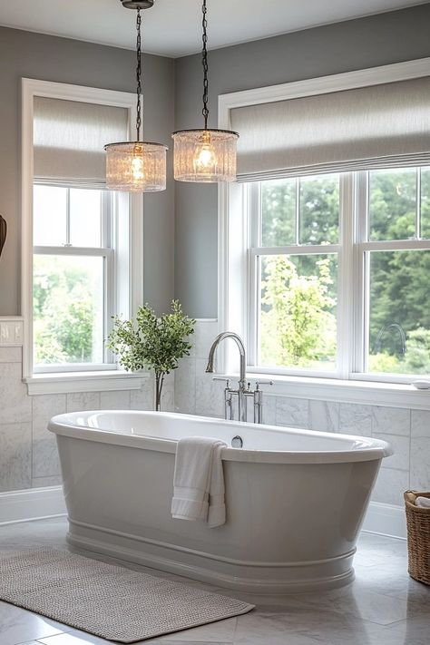 29 Transitional Bathroom Design Ideas for a Modern Yet Traditional Look 22 Freestanding Bathtub Master Bath, Free Standing Bath Tub Ideas, Bath Under Window, Glam Powder Room, Transitional Bathroom Design, Tub Ideas, Wooden Vanity, Coastal Contemporary, Traditional Look