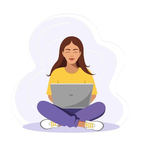 Woman is sitting with laptop. Concept illustration for working, freelancing, studying, education, work from home. Vector illustration in flat cartoon style Women Working Illustration, Women Working On Laptop, Women In Tech Illustration, Laptop Illustration Vector, English Syllabus, Laptop Concept, Laptop Illustration, Laptop Drawing, Working On Laptop Illustration