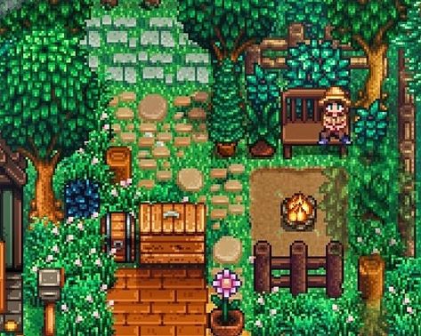 Stardew Valley Tiny Farm, Stardew Valley Farm Entrance, Stardew Valley Multiplayer Farm Layout, Stardew Valley Area Ideas, Stardew Valley Picnic Area, Stardew Cute Farm, Stardew Decoration Ideas, Stardew Paths, Stardew Garden