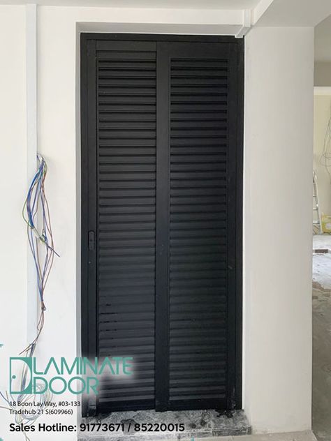 👉 This Slide & Swing Louver Black Door is newly designed to avoid the downside of an older version of the slide and swing door in Singapore.  🤙 There is no latch/clip at the top of the frame that can be easily damaged by guests or children.  ✅ Simple slide than swing to open. ✅ No more track on top and bottom. ✅ Water proof. ✅ Save half opening space. ✅ Easy to use. ✅ Customize design. Black Bathroom Closet Door, Black Louver Closet Doors, Black Louvered Doors, Bathroom Closet Door, Louvre Doors, Laundry Doors, Rental Friendly, Airing Cupboard, Bathroom Cupboard