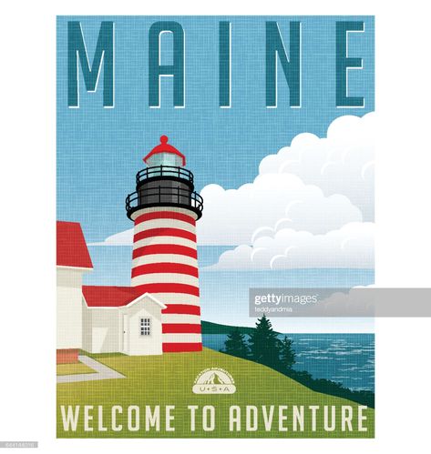 stock illustration : Retro style travel poster or sticker. United States, Maine lighthouse. Travel Maine, New Year Typography, Maine Lighthouses, Vintage Letters, Lighthouse Art, Hand Drawn Fonts, Sticker Poster, Infographic Design Inspiration, Poster Travel