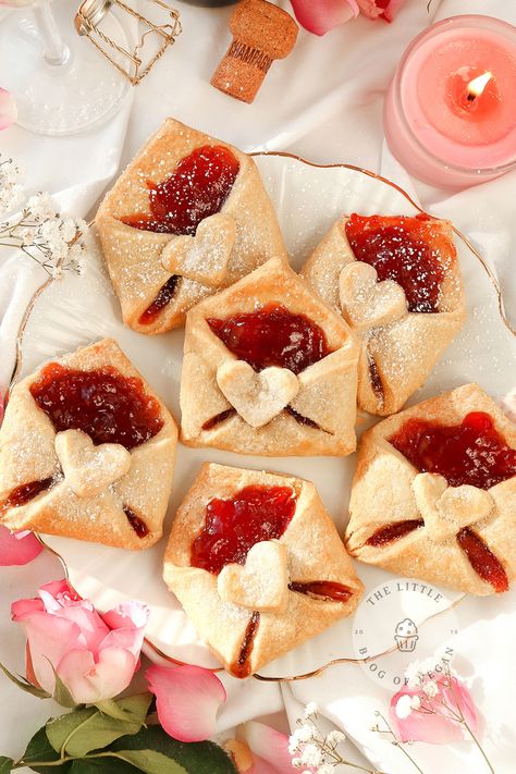 Vegan Love Letter Pastries - The Little Blog Of Vegan Love Note Pastry, Easy Vegan Puff Pastry Dessert, Love Letter Puff Pastry, Cafe Pastries Recipes, Love Letter Pastries, 2023 Dessert Trends, Cute Pastries Recipes, Valentines Day Party Snacks, Easy Pastries Recipes