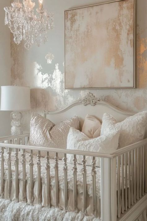 Modern Luxury Nursery, Gray And Gold Nursery, Glam Nursery Ideas, Silver Nursery, Glitter Nursery, Glam Nursery, Gold Crib, Nurseries Ideas, Royal Nursery