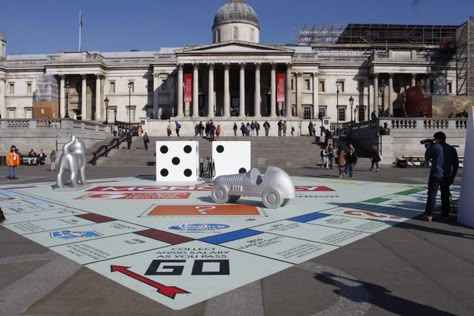 Giant Monopoly Board In Trafalgar Square. Giant Monopoly, Monopoly Theme, Brand Activation Ideas, Creative Exhibition, Board Game Ideas, Balloon Games, Atm Machine, Activation Ideas, Guerrilla Marketing