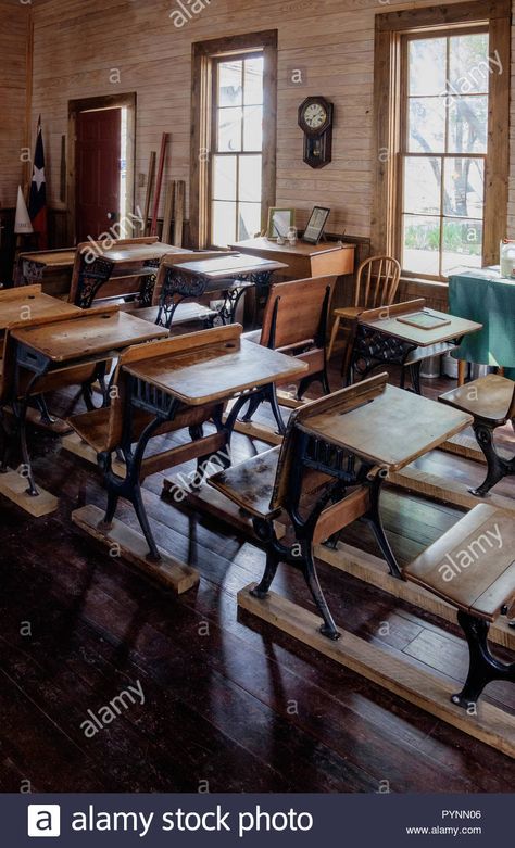 Vintage classroom in old one room schoolhouse with rustic wooden desks and chairs. Wilmeth Schoolhouse, Chestnut Square, McKinney Texas. portraitStock Photo One Room Schoolhouse Ideas, Refurbed Furniture, Old Fashioned School, Vintage Classroom Decor, Classroom Architecture, Rustic Wooden Desk, Old Classroom, School Facilities, One Room Schoolhouse