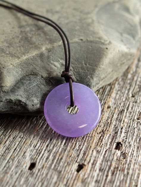 lavender jade jadeite donut pendant on adjustable leather cord, lavender jade… Fantasy Objects, Violet Jewelry, Jade Jewellery, Necklaces Luxury, Fantasy Garb, Lavender Jade, Donut Pendant, Asian Jewelry, Purple Jade