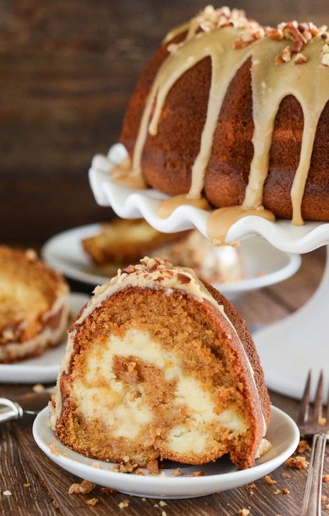 Sweet Potato Cream Cheese Bundt Cake with Praline Frosting! Looking for an impressive cake you can serve for dessert or breakfast? This rich, moist, sweet potato spiced cake is swirled with sweet cream cheese and topped with a pecan praline frosting. Sweet Potato Cream Cheese, Sweet Potato Bundt Cake, Praline Frosting, Bariatric Breakfast, Baking Deserts, Cake With Cream Cheese Filling, Easy Sweet Potato Recipes, Cream Cheese Bundt Cake, Sweet Potato Pound Cake