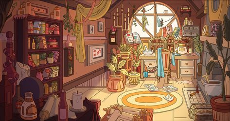 Cluttered Background Art, Bedroom Art Aesthetic Drawing, Clutter Art Drawing, Cluttered Room Illustration, Witch House Interior Drawing, Magic Room Concept Art, Witches Room Drawing, Digital Art Interior, Interior Background Art