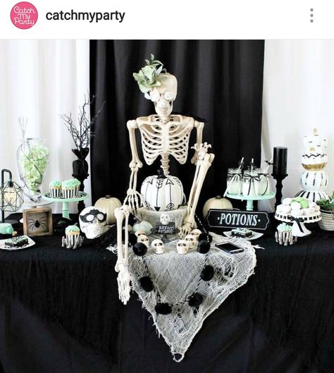 Skeleton Theme Dessert Table and Decor Black And White Halloween Party, Adult Halloween Decorations, Black And White Halloween Decor, White Halloween Decor, White Halloween Party, Halloween Decor Outdoor, Halloween Dessert Table, Skeleton Theme, Halloween Party Photo