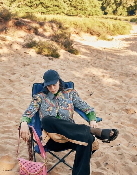 Alice Vink Goes Camping in Sober Style for ELLE Thailand September — Anne of Carversville Camping Editorial, Camping Fashion, Guy Bourdin, Thailand Photos, Camping Style, Tim Walker, Camping Chair, Thrift Fashion, Nature Girl