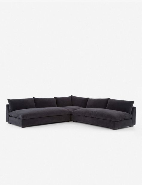 The armless design of this sectional sofa creates an open, inviting look, while still feeling chic and modern. Cozy up with plush loose back cushions and enough space for everyone. L Couch, Sofa Sectionals, Havenly Living Room, Grey Sectional Sofa, Velvet Furniture, Corner Sectional Sofa, Sectional Sofas Living Room, Modular Sofas, Cozy Sofa