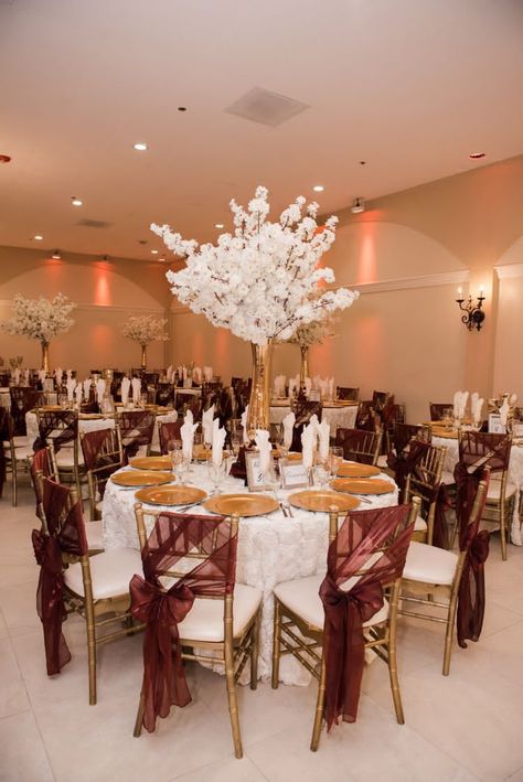 Burgundy Gold And Ivory Wedding Decor, Burgundy Gold And White Party Decor, Burgundy Theme Wedding Decoration, Burgundy Wedding Reception Decor, Burgundy Ivory And Gold Wedding, Burgundy And White Wedding Decorations, Burgundy And Champagne Wedding Decor, Quince Decorations Burgundy, Burgundy And Gold Quince