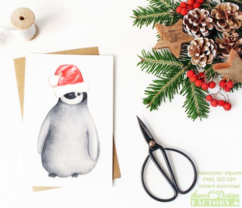 Penguin Sketch, Penguin Watercolor, Penguin Art, Christmas Stationery, Greeting Card Illustration, Winter Watercolor, Holiday Painting, Winter Animals, Crafts For Seniors