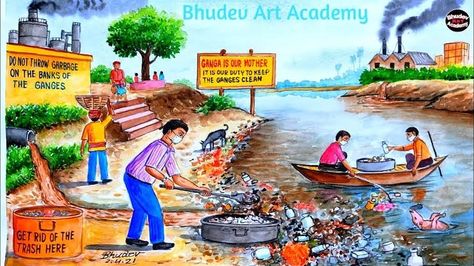 Ganga River Pollution, Ideal Community Drawing, Water Pollution Drawing, Pollution Drawing, River Pollution, Save Earth Drawing, Save Water Poster Drawing, Beautiful Scenery Drawing, How To Draw Water