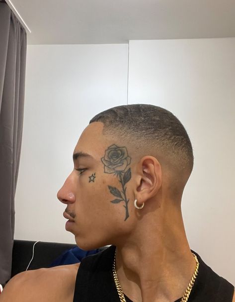 Rose Face Tattoo Men, Black Man Side Profile, Male Face Tattoo, Face Tats Men, Side Face Tattoo Men, Rose Face Tattoo, Scalp Tattoo, Face Tats, Side Neck Tattoo