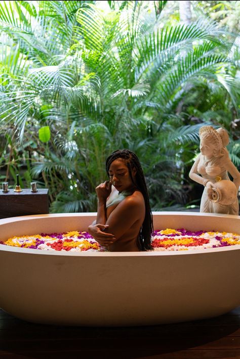 Flower Bath Photoshoot, Bath With Flowers Aesthetic, Bali Flower Bra, Bali Flower Bath Aesthetic, Bathtub With Flowers Photoshoot, Flower Bath Bali, Bali Flower Bath, Bali Waterfall Photoshoot, Bali Outfits