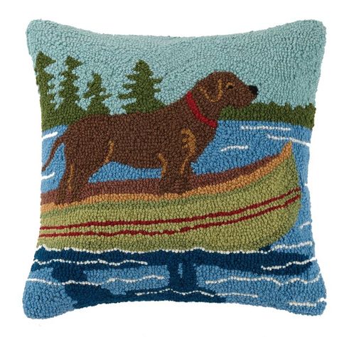 Lab on Canoe Wool Throw Pillow Hook Pillow, Dog Hook, Dog Motif, Applique Ideas, Hooked Pillow, Lab Dogs, Hooked Wool, Wool Throw Pillows, Wool Throw