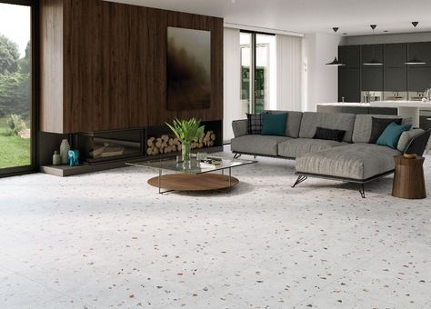 White Terrazzo Floor Living Rooms, Terrazzo Tiles Living Room, Terrazzo Living Room, Terrazzo Flooring Living Room, White Terrazzo Floor, Terrazo Flooring, Terazzo Floor, Hotel Style Bathroom, Terrazzo Floor Tiles