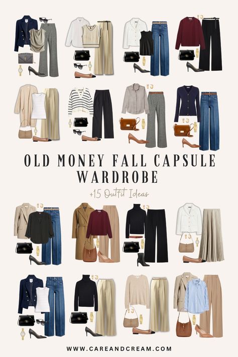 Discover the timeless elegance of an old money fall capsule wardrobe with this must-read blog post! Elevate your fall style with these fall wardrobe essentials that embody the old money fall aesthetic. Get inspired by this old money fall wardrobe and 15 classy outfit ideas! Plus: old money fall outfits, cute fall outfits, old money fall fashion. Fall Outfit Work Office Chic, Capsule Wardrobes For Travel, Budget Capsule Wardrobe Fall, Old Money Work Outfits Fall, Classic Work Capsule Wardrobe, Cool Mom Capsule Wardrobe, Capsule Fall Outfits, Old Money Fall Style, Old Money Mom Style