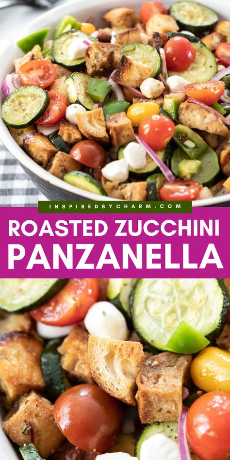 Try this recipe with zucchini! Complete with toasted bread, veggies, and mozzarella, this Roasted Zucchini Panzanella is delicious. You're going to love this summer salad idea! Pin this for later! Recipe With Zucchini, Panzanella Recipe, Veggie Salads, Best Summer Salads, Roasted Zucchini, Cookout Side Dishes, Roast Zucchini, Panzanella Salad, Toasted Bread