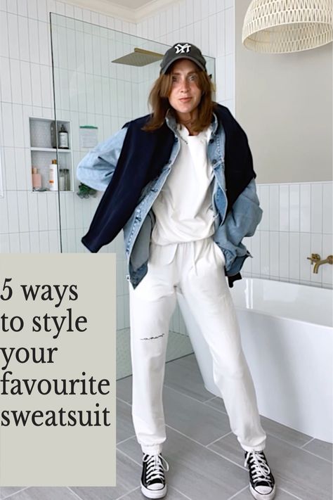 How To Make A Sweatsuit Look Cute, How To Style A Sweatsuit, Styling Sweatsuits, Elevated Sweatpants Outfit, Styling Sweatpants Outfits, Sweat Set Outfits Women, Jean Jacket And Sweatpants, Track Suits Women Style, How To Style Sweats