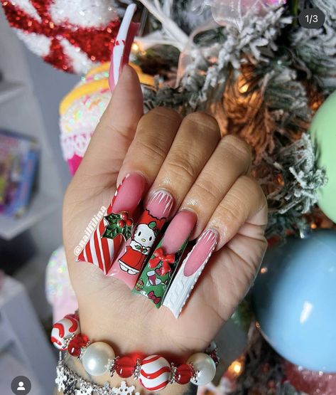 Square Acrylic Nails Christmas, Pink Hello Kitty Christmas, Hello Kitty Christmas Nails, Christmas Nail Stickers, Christmas Duck, Punk Nails, Hard Nails, Duck Nails, Kitty Christmas