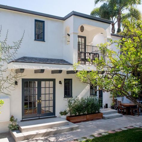 Colonial Modern, Second Floor Balcony, Spanish Revival Home, Mediterranean Exterior, Hollywood Hills Homes, House With Balcony, Spanish Modern, Mediterranean Style Home, French Doors Patio