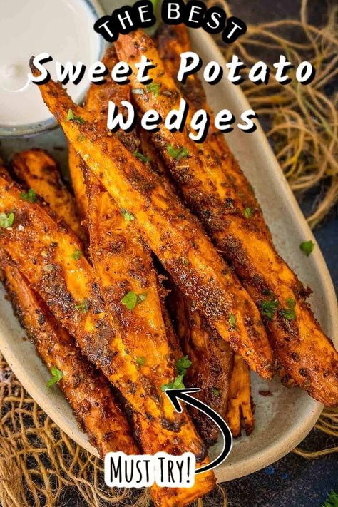 Sweet Potato Wedges Oven, Roasted Sweet Potato Wedges, Baked Sweet Potato Wedges, Sweet Potato Oven, Sweet Potato Side Dish, Sweet Potato Recipes Roasted, Sweet Potato Sides, Oven Roasted Sweet Potatoes, Best Baked Potato