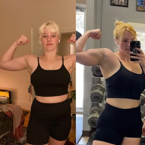 Here you can see a progress photo showing a weight bulk from 155 pounds to 165 pounds. That's a solid total gain of 10 pounds. Bulking Before And After Women, After Pictures, High Intensity Interval Training, Progress Pictures, Interval Training, 10 Pounds, Plant Based Diet, Height And Weight, Weight Gain